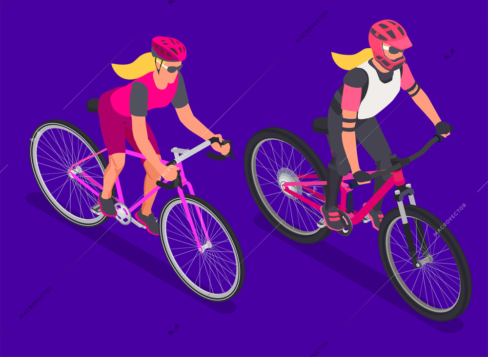 Bicycle isometric set with isolated human characters of bike riders on bicycles wearing helmet and cap vector illustration