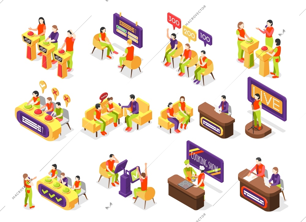 Quiz TV show icons set with choice symbols isometric isolated vector illustration