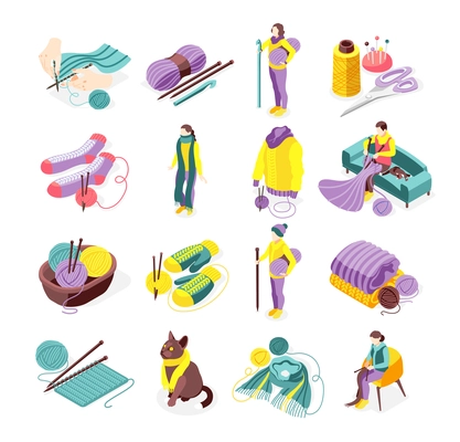 Knitting isometric icons set with sewing symbols  isolated vector illustration