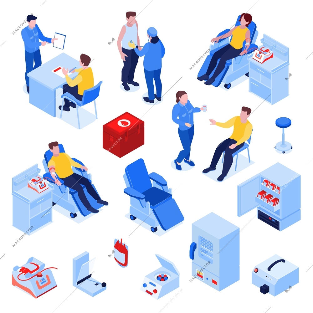 Blood donation isometric set nurse screening instructing donors kit collection monitor storage refrigerators reclining chairs vector illustration
