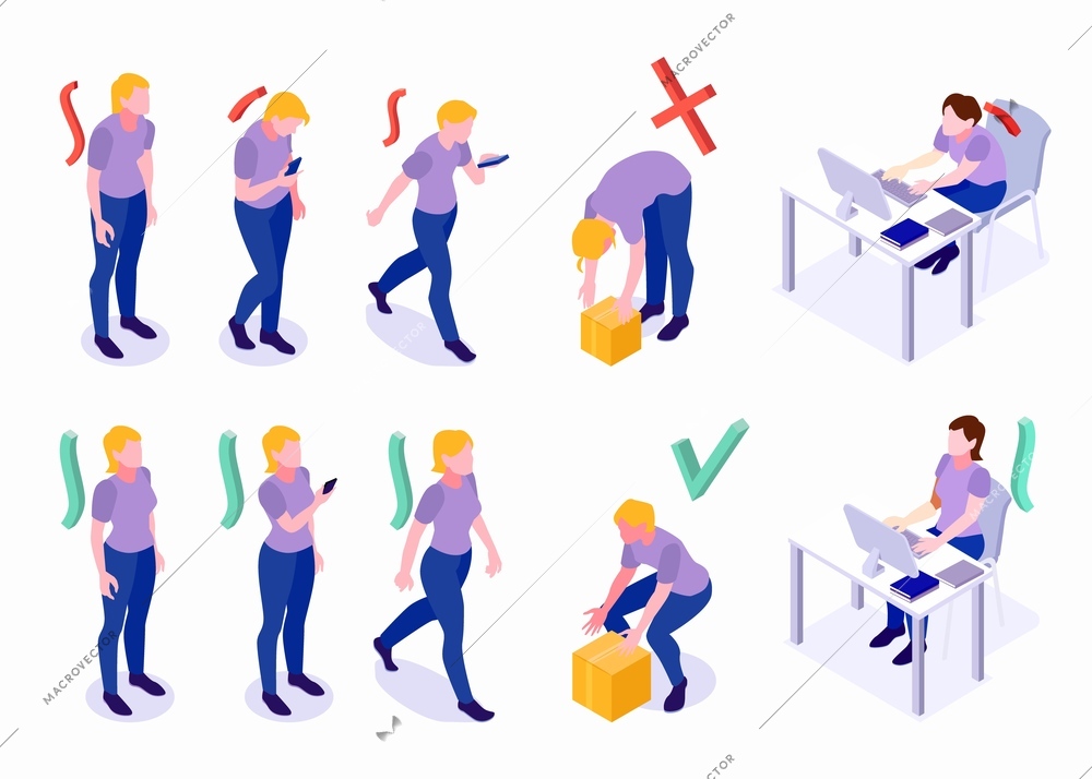 Woman postures isometric set with bad and good standing walking lifting sitting at computer  positions vector illustration