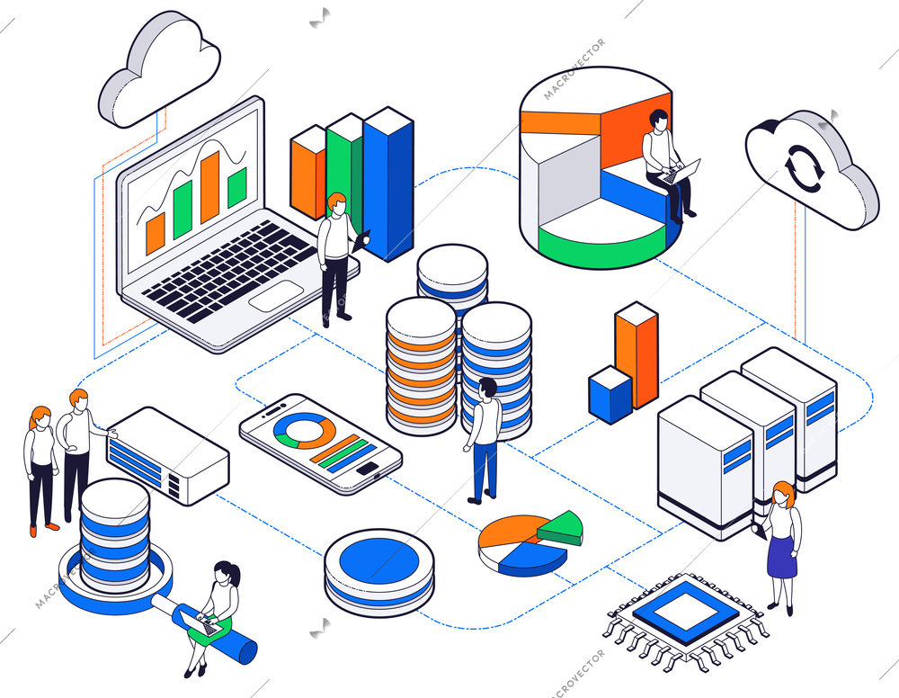 Big data science analysis isometric colored concept with related steps for networking vector illustration