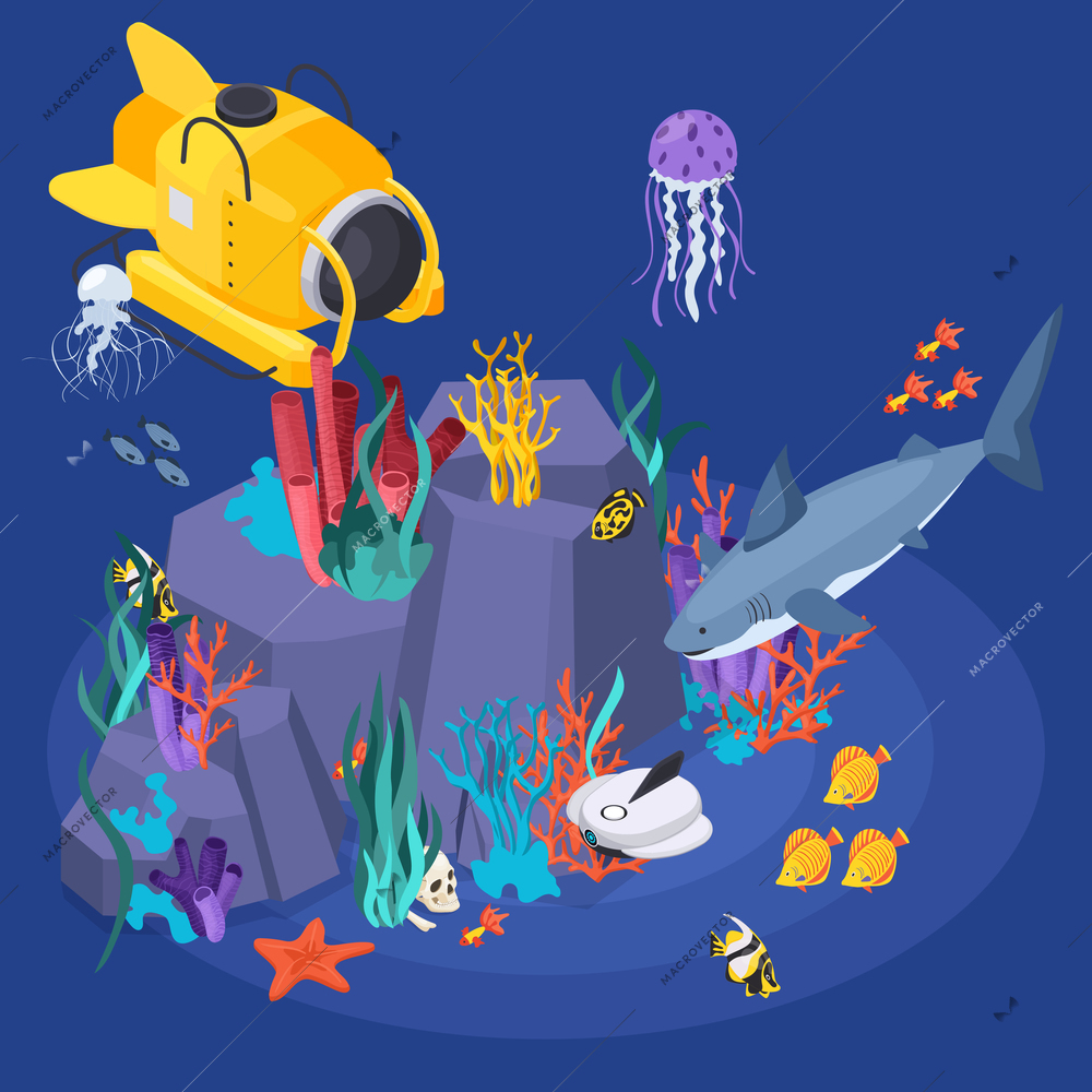 Underwater vehicles machines equipment isometric concept yellow underwater car explores the sea fish and animals