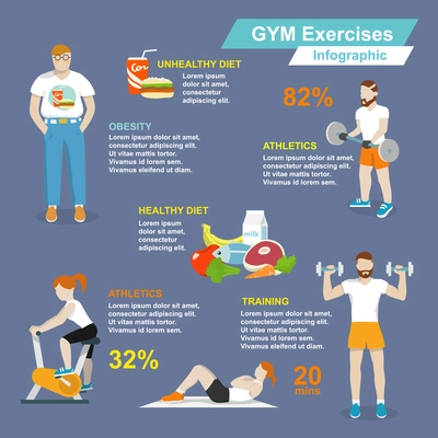 Gym sport exercises fitness and healthy lifestyle infographic set vector illustration