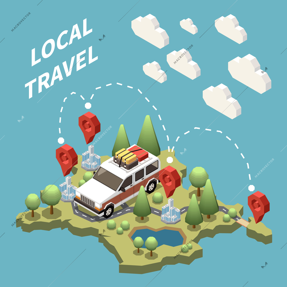 Isometric local travel concept with tourist van and marked destination points 3d vector illustration