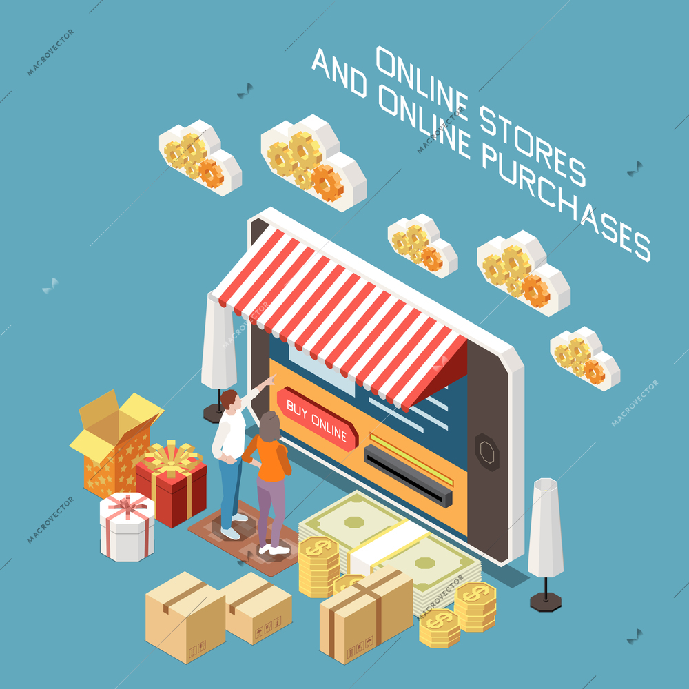 Digitization web store isometric concept with smartphone and people buying things online 3d vector illustration