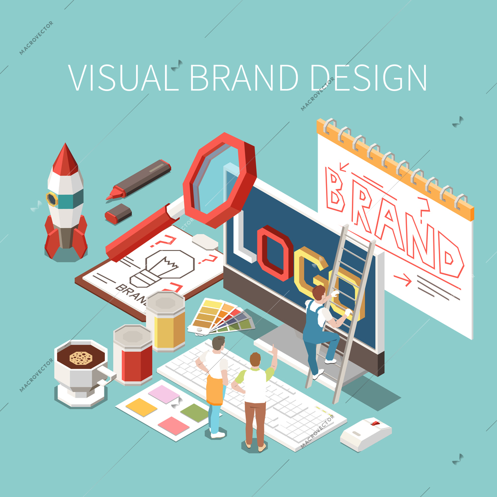 Visual design and brand building concept with graphic designer work place 3d vector illustration