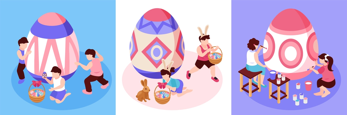 Easter isometric design concept set of three square compositions with adult and children little characters painting big eggs vector illustration