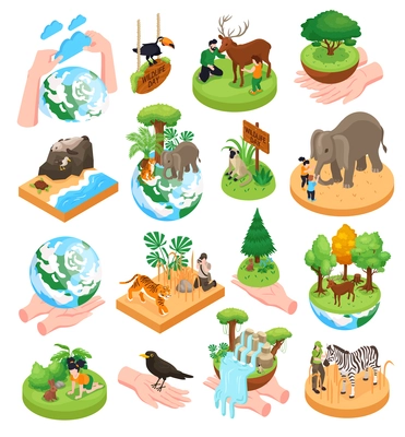 World wildlife day isometric set of carnivore herbivorous birds and sea animal isolated icons vector illustration