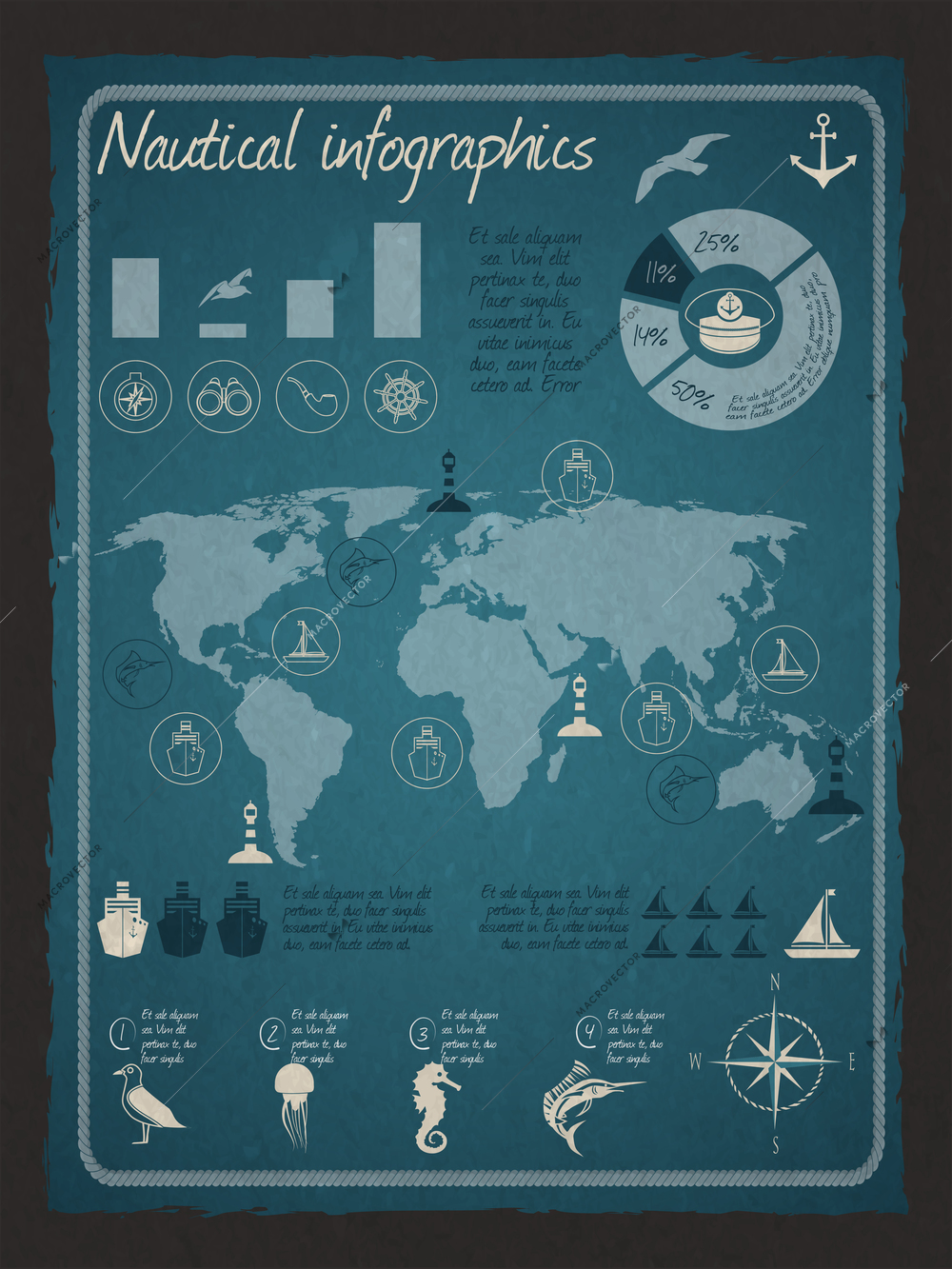 Nautical sea travel infographics set with world map and marine design elements vector illustration