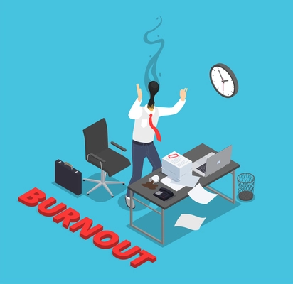 Professional burnout depression frustration isometric composition with text and workplace and clerk worker with burning head vector illustration