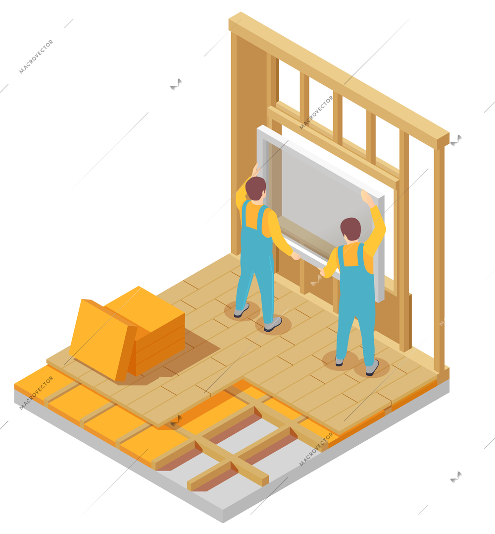 Modular frame building isometric composition with view of two workers installing glass window with wooden frame vector illustration