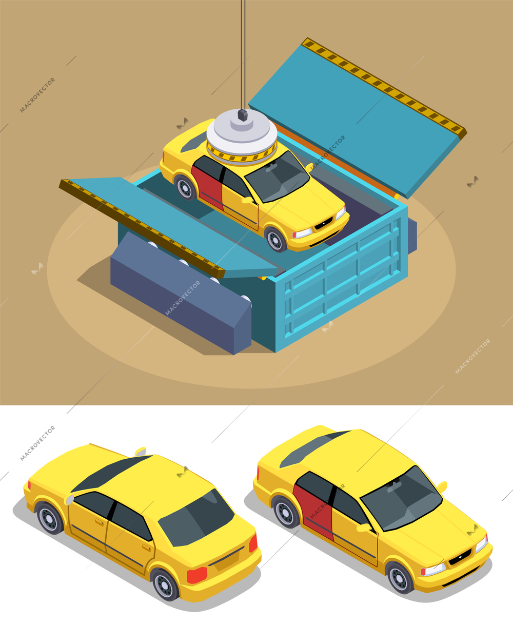 Car ownership usage isometric composition with images of passenger cars with magnet manipulator and storage box vector illustration