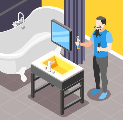 Men problems growing facial hair morning skincare routine moustache styling isometric background composition in bathroom vector illustration