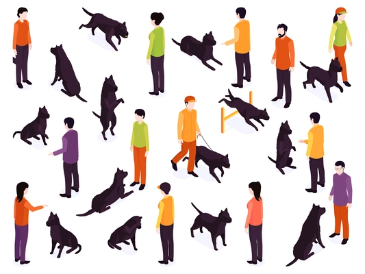 Isometric dog training color set of isolated icons characters of people with dogs in different poses vector illustration