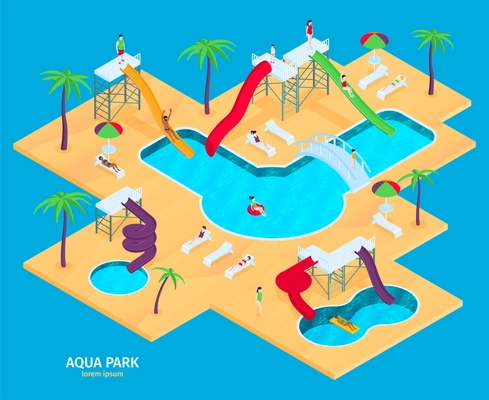 Aqua park attractions surrounded by water background isometric composition with various slides palms long chairs vector illustration