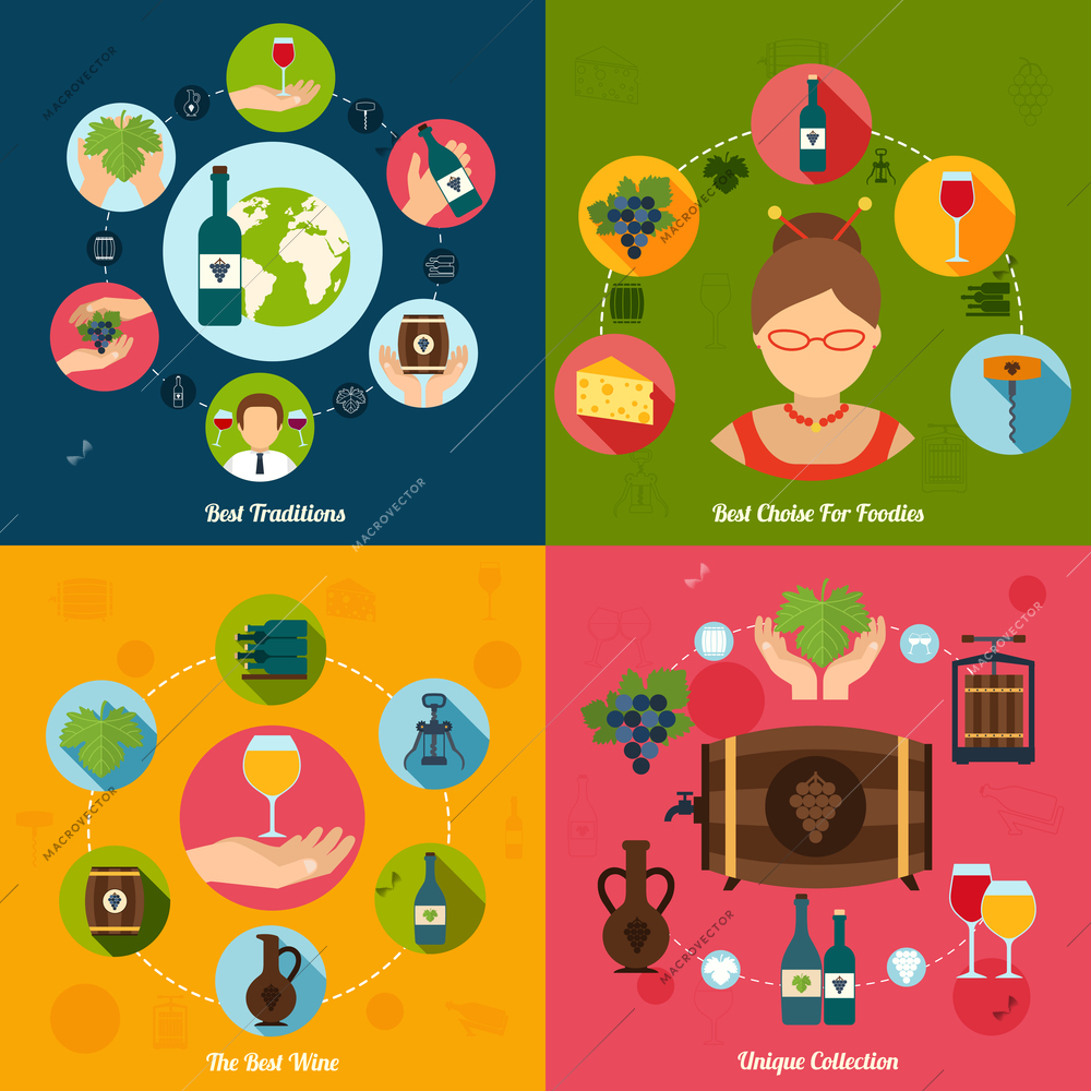 Wine best traditions choice for foodies unique collection flat set isolated vector illustration