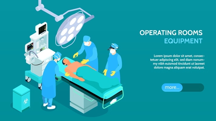 Medical operating room equipment isometric horizontal banner surgical table lights intensive care unit patient treatment vector illustration