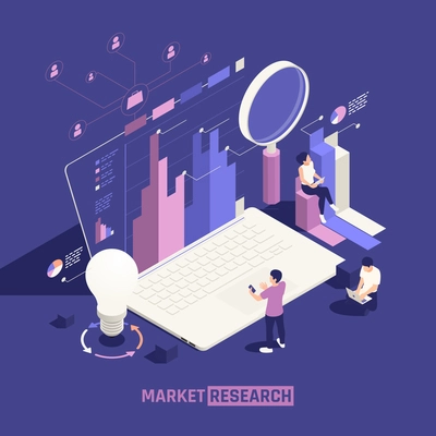 Market research isometric poster with light bulb magnifying glass graphs and network user account profiles vector illustration