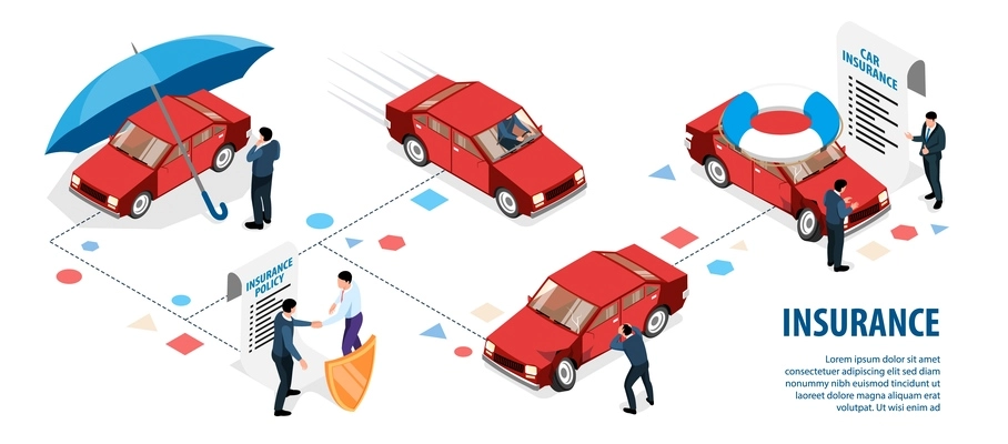 Isolated insurance infographics with editable text and flowchart of car images characters of owner and agent vector illustration