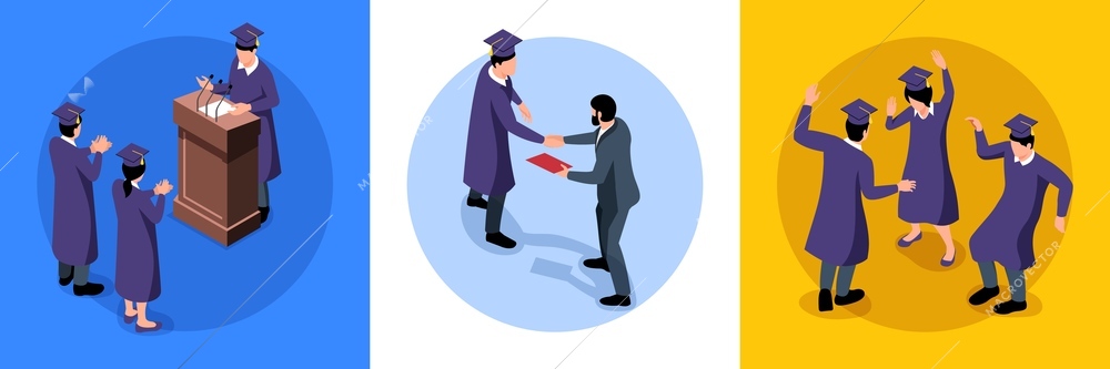 Isometric graduation design concept with round compositions of teachers and students in suits and academic hats vector illustration