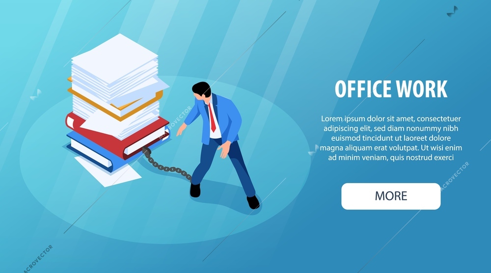 Isometric unorganized office work horizontal banner with editable text more button and clerk tied to paperwork vector illustration