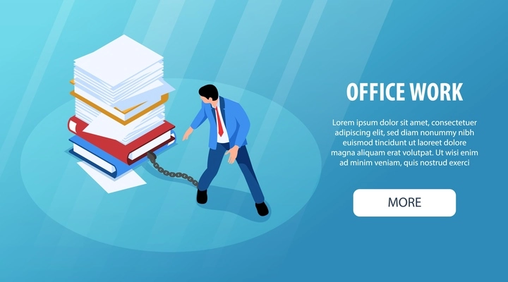 Isometric unorganized office work horizontal banner with editable text more button and clerk tied to paperwork vector illustration