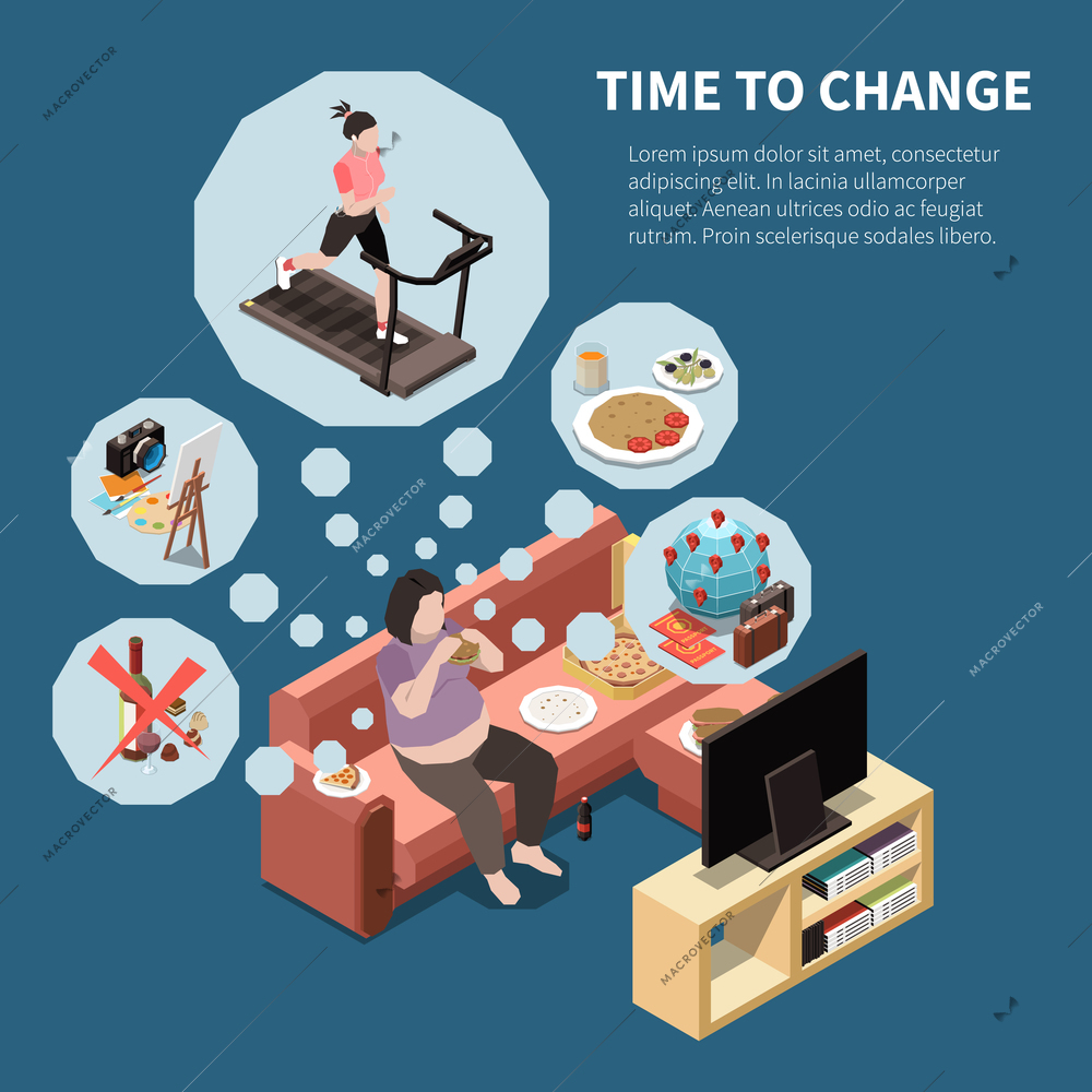 Personal growth self development isometric background with woman sitting in front of tv dreaming of activities vector illustration