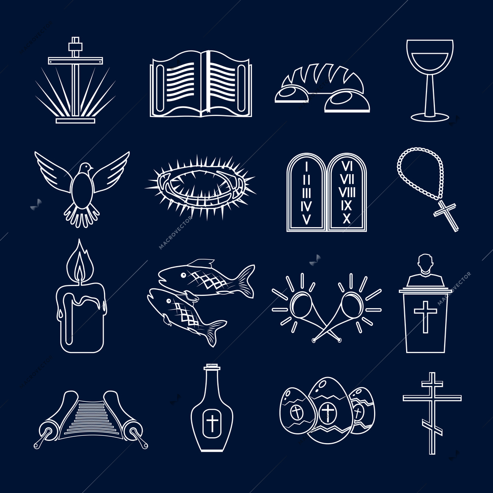 Christianity traditional holy religious symbols outline icons set with thorns fish candle isolated vector illustration