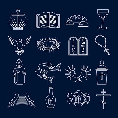 Christianity traditional holy religious symbols outline icons set with thorns fish candle isolated vector illustration