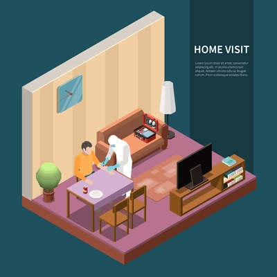 Laboratory diagnostics analysis service isometric background with indoor view of medical specialists visit to patients home vector illustration