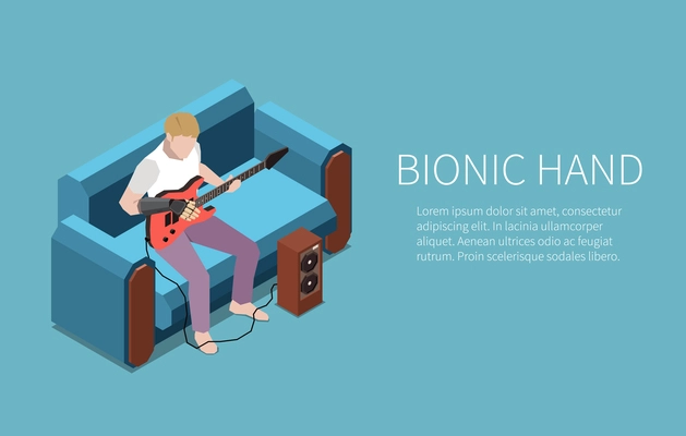 Technology for disabled people horizontal banner with isometric images of guitarist playing guitar with bionic hand vector illustration