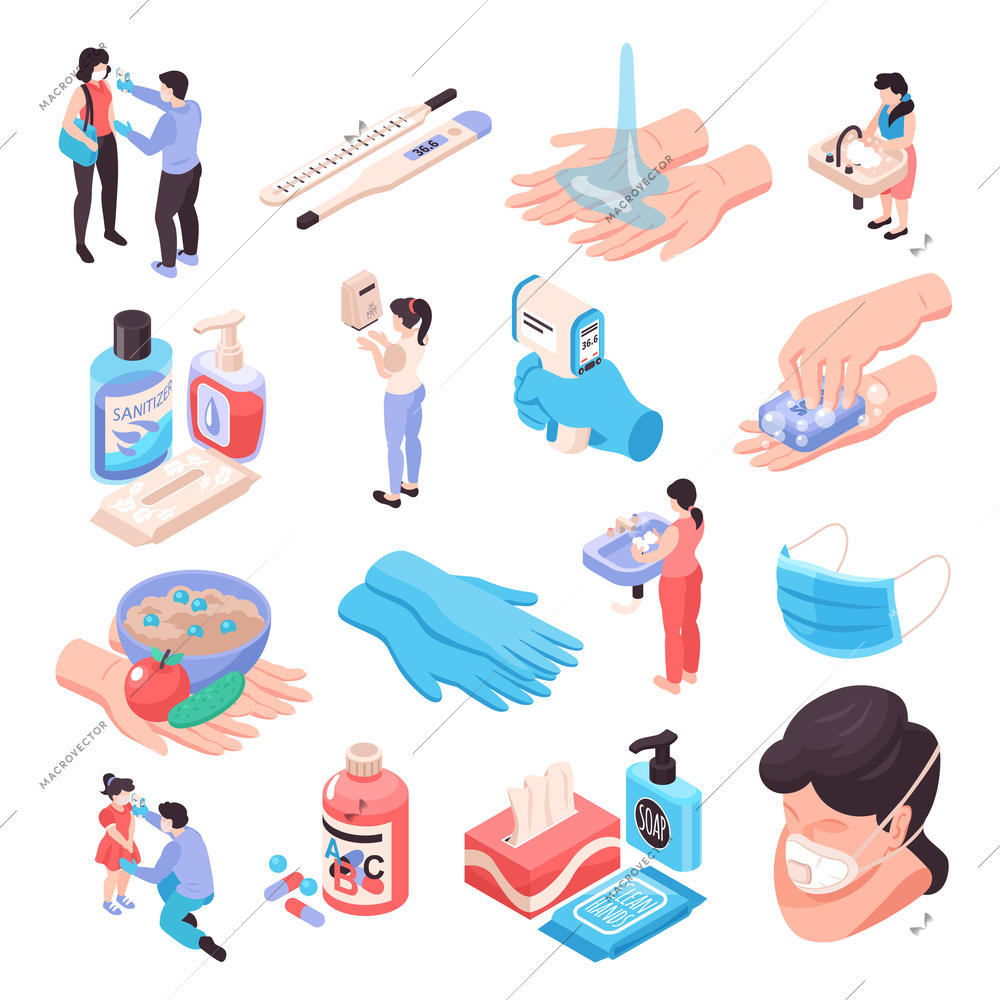 Infection prevention set with healthcare symbols  isometric isolated vector illustration