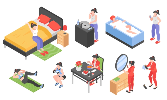 Morning routine women isometric set with bath and sports symbols isolated vector illustration