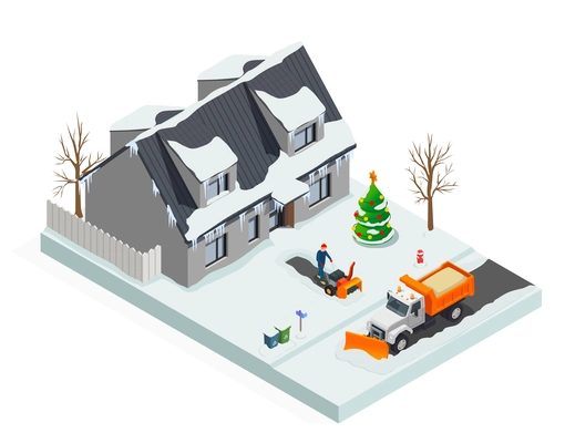 Snow cleaning suburban composition  with man using handle snowplow and snow plow removal truck cleaning snowy road isometric vector illustration