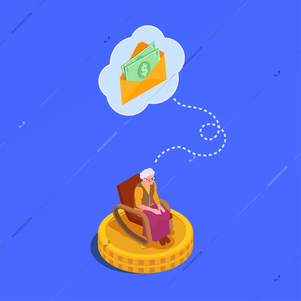 Social security isometric poster with envelope with money intended for elderly woman sitting in armchair vector illustration