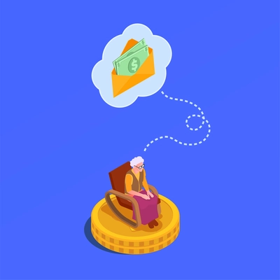 Social security isometric poster with envelope with money intended for elderly woman sitting in armchair vector illustration