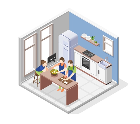 Family cooking concept with cooking meal symbols isometric vector illustration