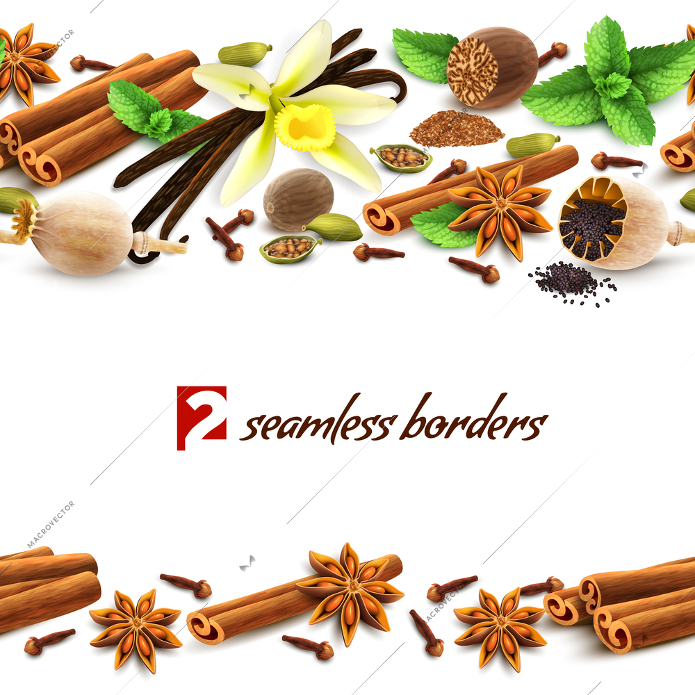 Confectionery spices delicious flavors decorative elements seamless borders vector illustration