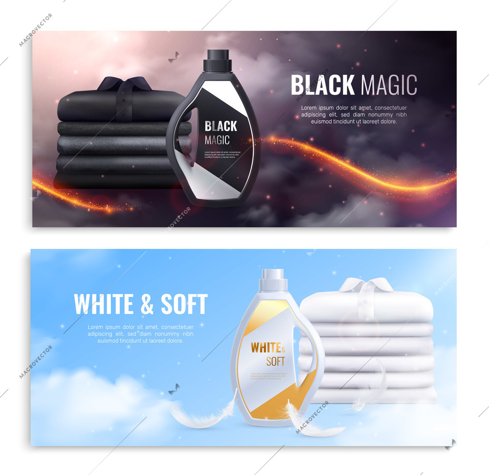 Washing clothes realistic banners with advertising of soft detergent for white and black linen vector illustration