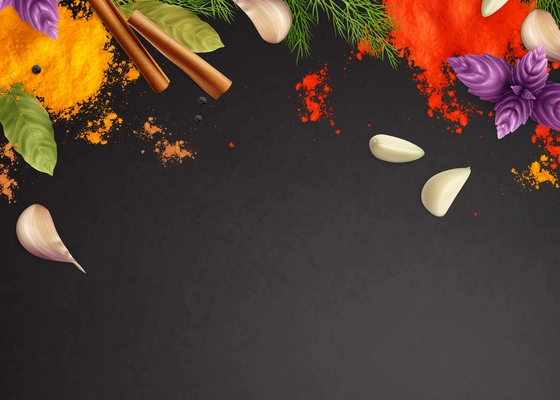 Spices and herbs realistic composition with mint garlic and cinnamon vector illustration