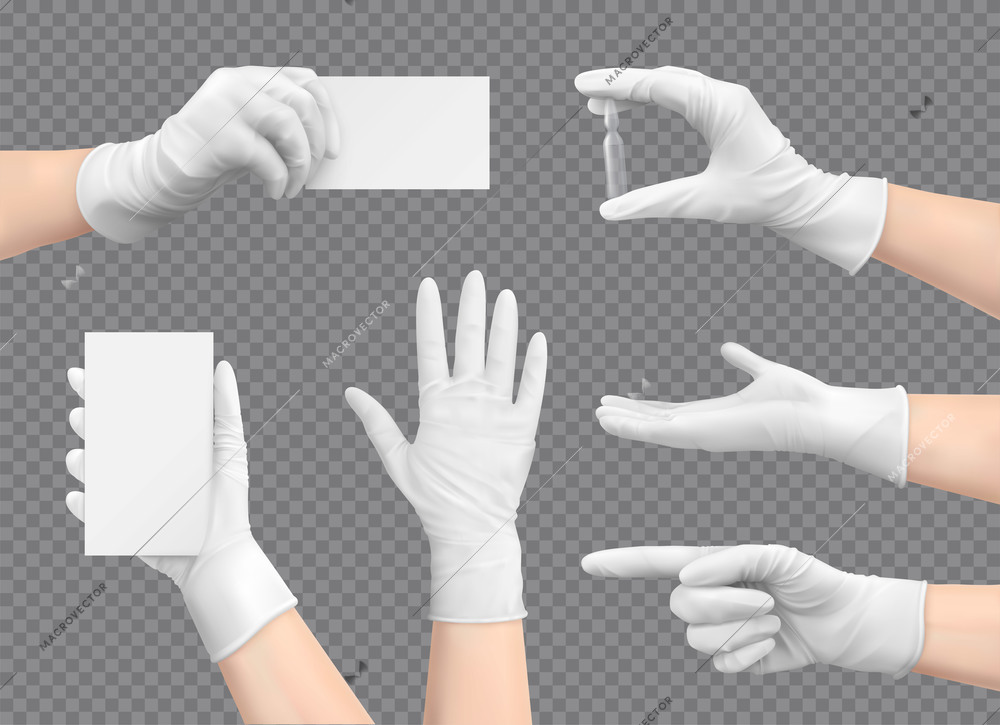 Hands in gloves realistic set with isolated images of human hands in medical gloves with gestures vector illustration