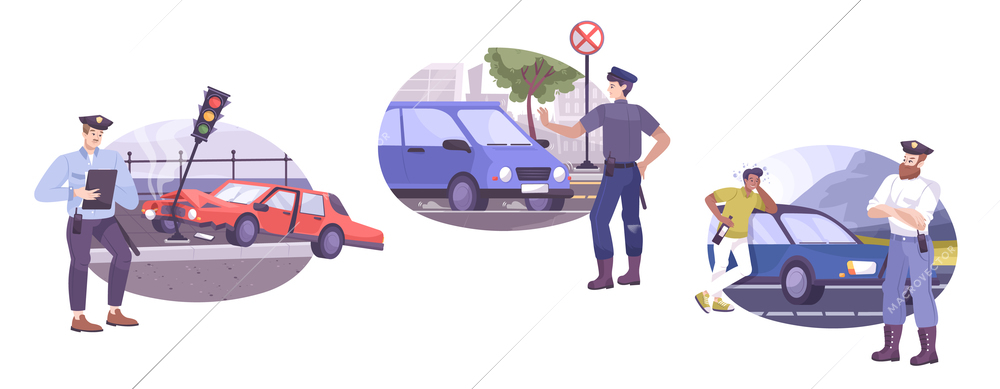 Traffic police set of three flat compositions with characters of road police officers cars and drivers vector illustration