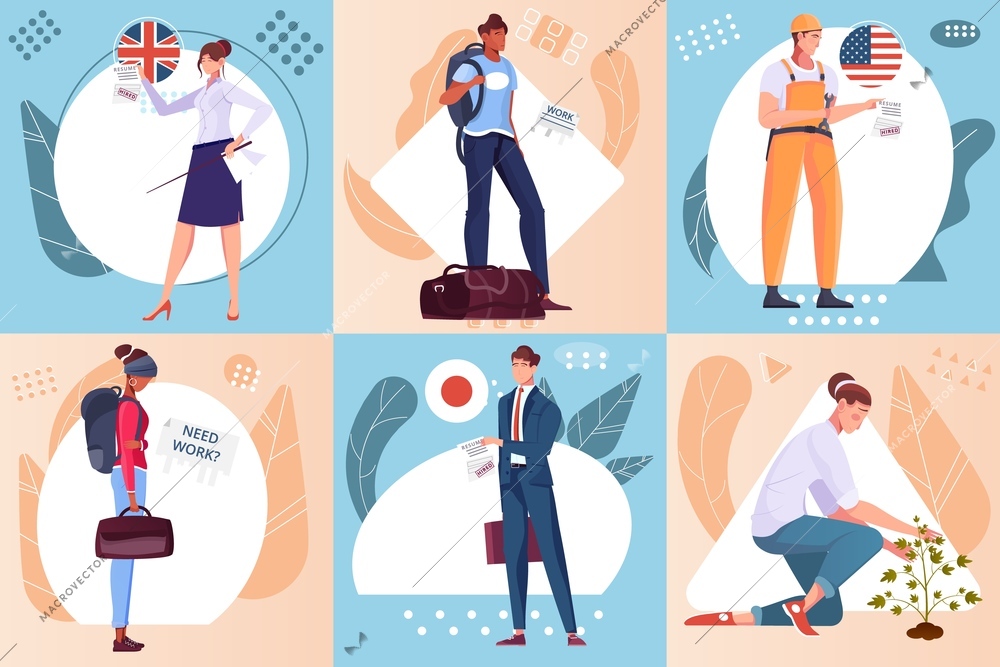 Flat composition set with male and female migrants standing with luggage and doing different jobs isolated vector illustration