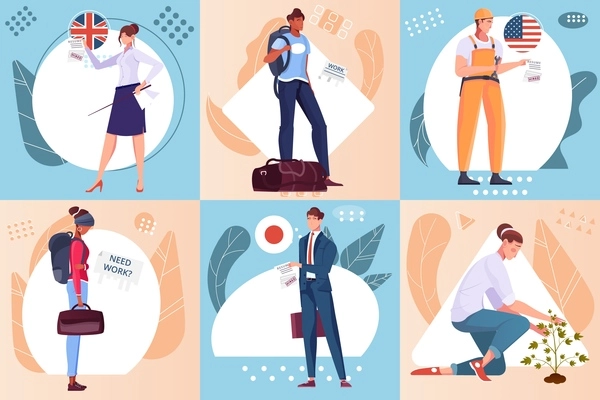 Flat composition set with male and female migrants standing with luggage and doing different jobs isolated vector illustration