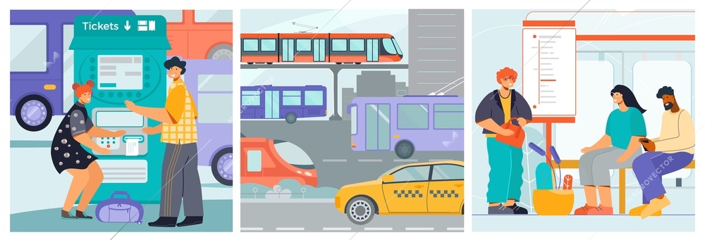 Public transport 3 flat square compositions with self service tickets machine street traffic bus stop vector illustration