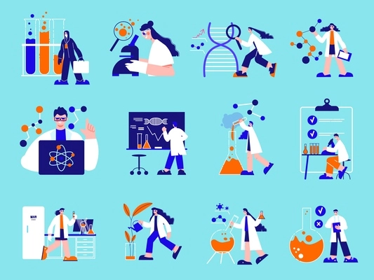 Science laboratory color set of people working in field of  nanotechnology and genetic engineering isolated vector illustration