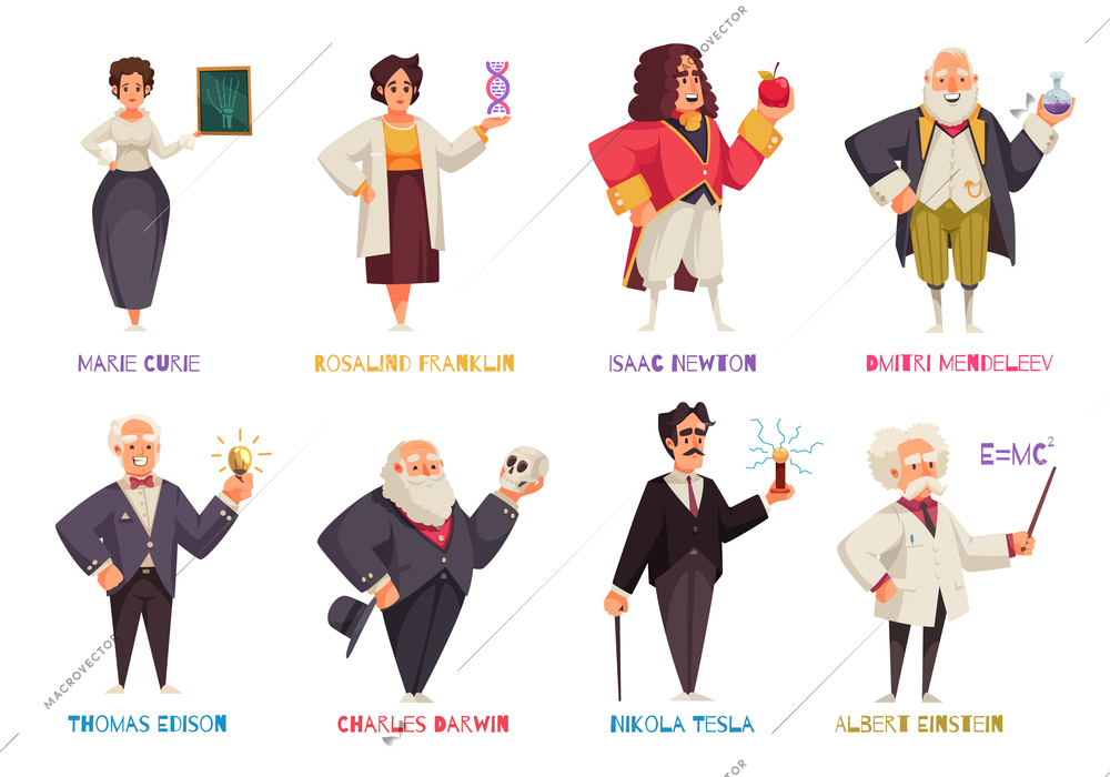 Famous scientists horizontal set of isolated doodle style characters in vintage clothes with names text captions vector illustration