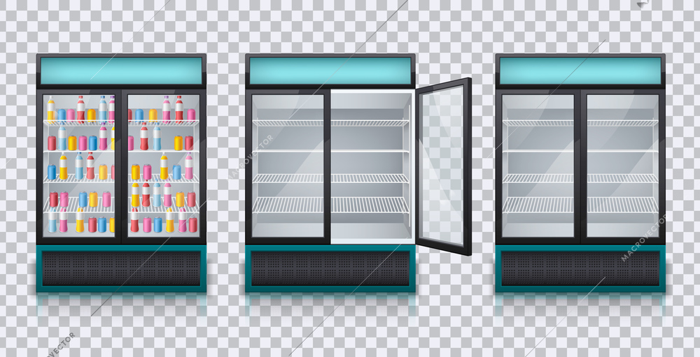 Drinks fridges empty closed open 2 doors display  full of colorful bottles realistic set transparent vector illustration