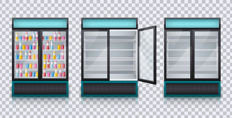 Drinks fridges empty closed open 2 doors display  full of colorful bottles realistic set transparent vector illustration